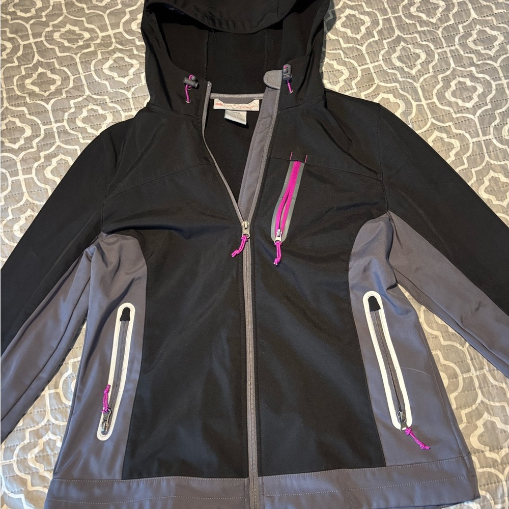Black and Gray Hooded Jacket with Pink Accents size woman’s medium
